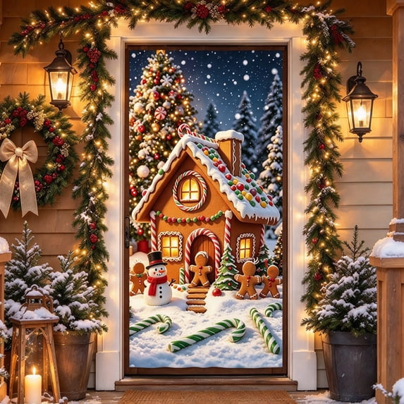 Fllostpr 35.4x70.9" Christmas House Door Cover, Front Door Backdrop Cloth for Indoor Outdoor Home Party Entryway Wall Window Decor