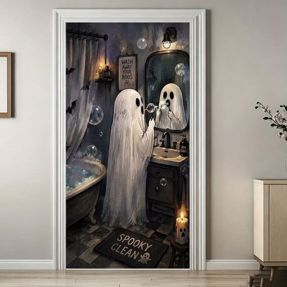 Fllostpr 70.9x35.4" Halloween Ghost Pattern Door Cover, Realistic Spooky Hanging Decor for Porch Party Indoor Outdoor