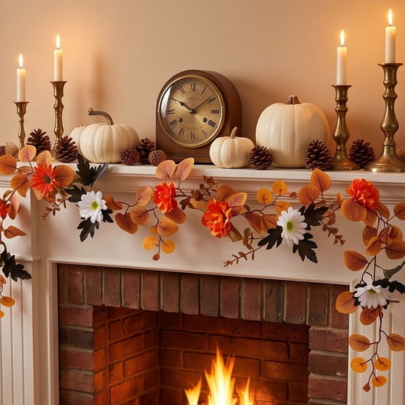 Fllostpr 78.7" Artificial Fall Floral Garland, Foliage Leaf Vine Orange White Blooms Vine for Mantel Surface Wall Wedding Outdoor