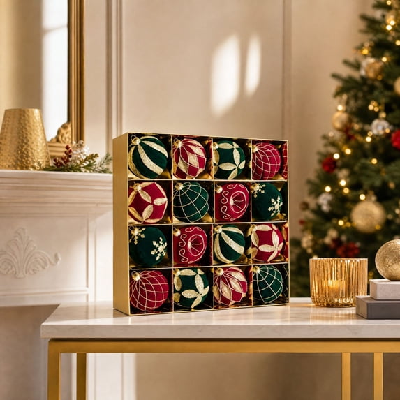 Fllostpr Christmas 16PC 4 Assorted Classic Flocked Ball Ornaments, Shatterproof Soft Hanging Decor for Xmas Tree Mantel Window Party, 3.1"