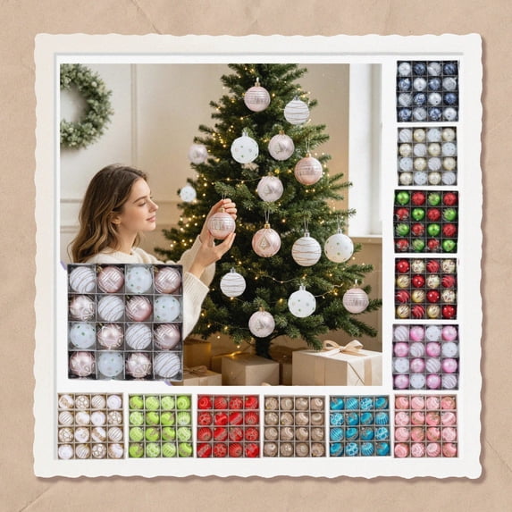 Fllostpr Christmas 16PC 4Styles Colorful Ball Ornaments, Shatterproof Printed Hanging Decor Set for Xmas Tree Wreath Mantel Window, 2.4"
