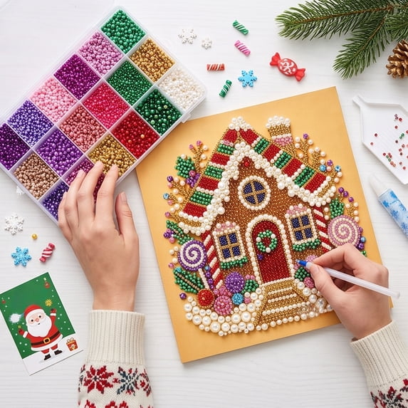 Fllostpr Christmas DIY Diamonds Painting Kit, House Structure Full Round Drill Rhinestone Art Set for Wall Living Room Bedroom,9.8"