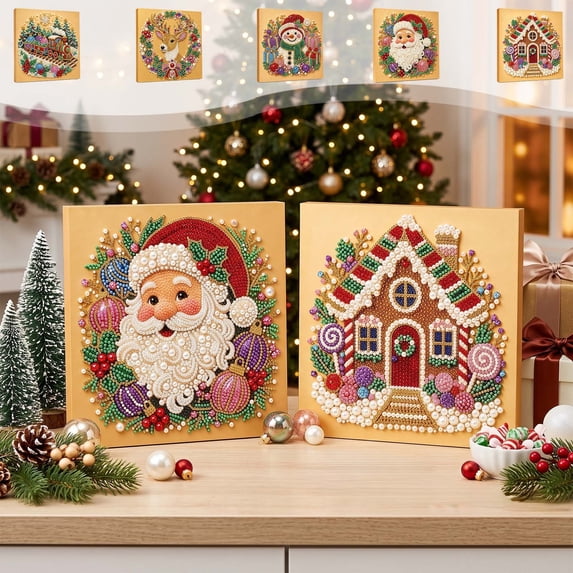 Fllostpr Christmas DIY Diamonds Painting Kit, Santa Structure Full Round Drill Rhinestone Art Set for Wall Living Room Bedroom,9.8"