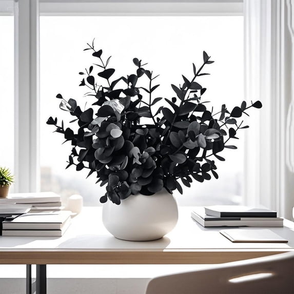 Fllostpr Fall 9.8 in Small Black Faux Potted Foliage, White Ceramic Container, Lifelike Plants for Indoor Decoration, Home Dining Surface Restaurant