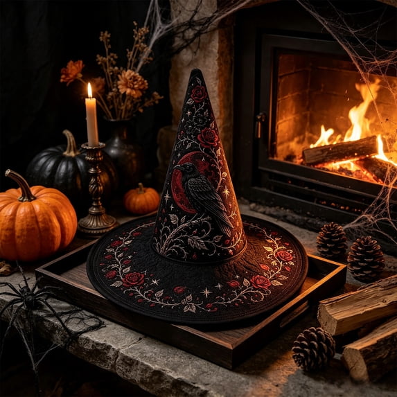 Fllostpr Halloween Crow Witch Hat, Quilted Embroidered Hat Dcor for Parties Renaissance Fairs Gothic Gatherings Themed Dress-Up, 16.9x11.8"