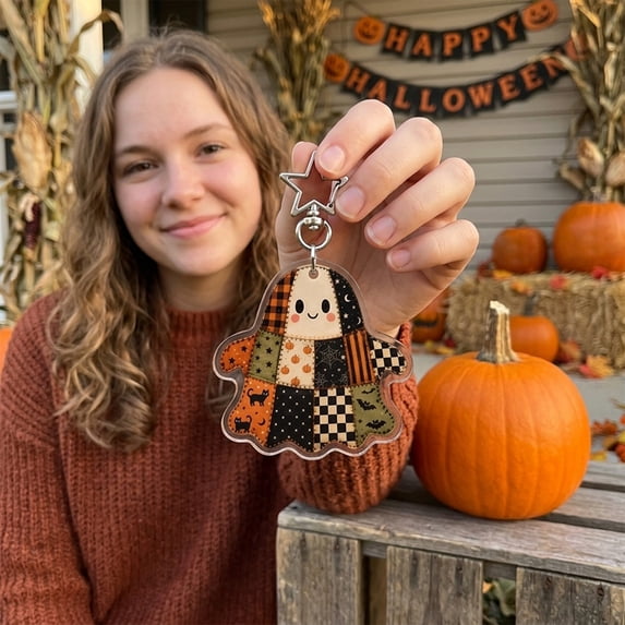 Fllostpr Halloween Patchwork Ghost Keychains, 2D Vintage Acrylic Pendant Hanging Decor for Home Window Backpack Pouch, 2.1x2.3"