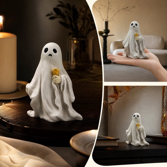 Fllostpr Halloween White Ghost Resin Figurine, 5.5X3.7" Vintage Tabletop Sculpture Decor for Shelf Mantel Party Windows Styling Indoor