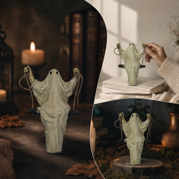 Fllostpr Halloween White Ghost Resin Figurine, 5.5X3.7" Vintage Tabletop Sculpture Decor for Shelf Mantel Party Windows Styling Indoor