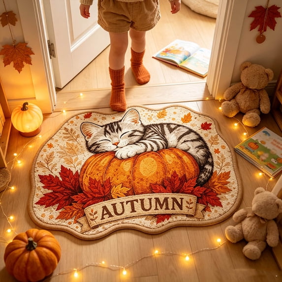 Fllostpr Thanksgiving Door Mat 15.7 x 23.6 in, Pumpkin&Cat Crystal Velvet Fall Door Mat, Non-Slip Backing Decorations Mat for Outdoor & Indoor