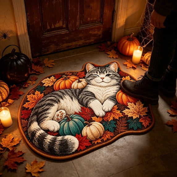 Fllostpr Thanksgiving Door Mat 15.7 x 23.6 in, Pumpkin&Cat Crystal Velvet Fall Door Mat, Non-Slip Backing Decorations Mat for Outdoor & Indoor
