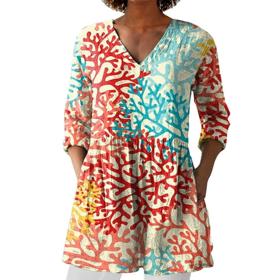 Flmaly Womens Summer Tops Business Casual 2025 New Women's Summer Printed Group Shirt Women's Linen V Neck Casual Shirt Cute Tops for Women