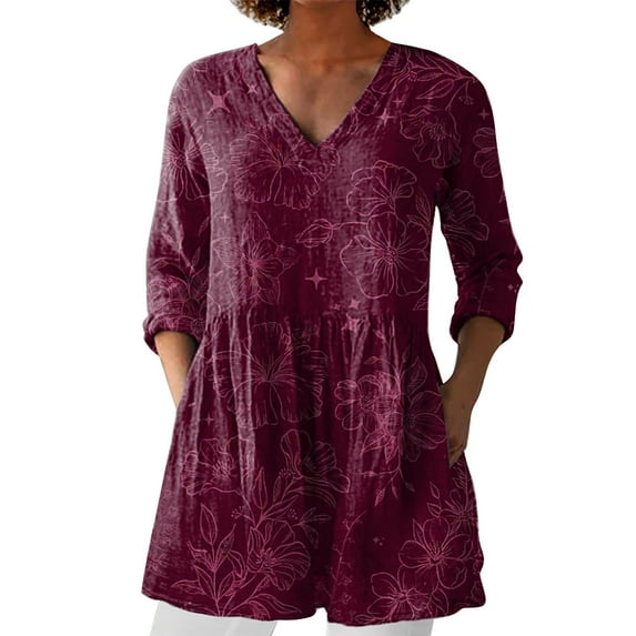 Flmaly Womens Summer Tops Business Casual 2025 New Women's Summer Printed Group Shirt Women's Linen V Neck Casual Shirt Cute Tops for Women