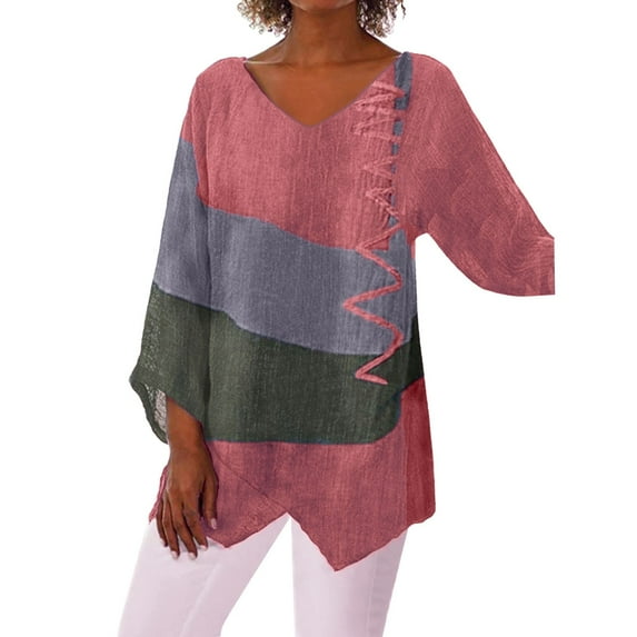Flmaly Womens Summer Tops Business Casual 2025 Spring And Autumn New European And American Casual Loose V Neck Irregular Art Printed Long Sleeve Retro Top For Women Cute Tops for Women