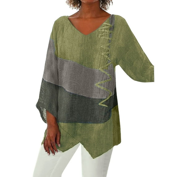 Flmaly Womens Summer Tops Business Casual 2025 Spring And Autumn New European And American Casual Loose V Neck Irregular Art Printed Long Sleeve Retro Top For Women Cute Tops for Women