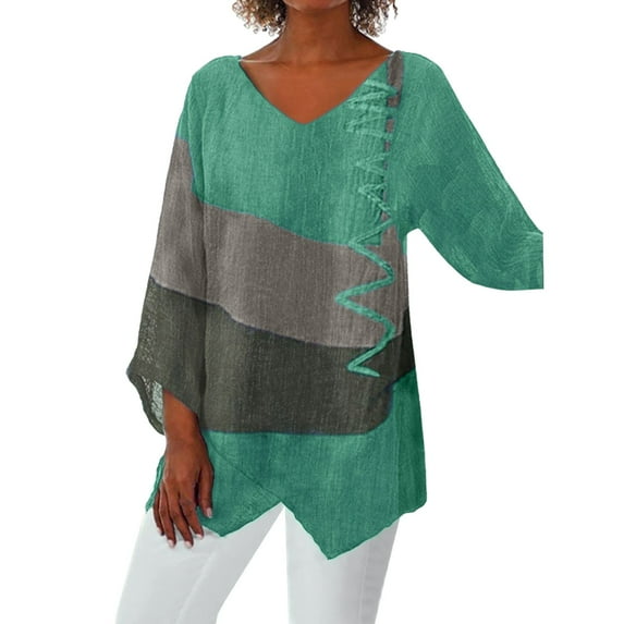 Flmaly Womens Summer Tops Business Casual 2025 Spring And Autumn New European And American Casual Loose V Neck Irregular Art Printed Long Sleeve Retro Top For Women Cute Tops for Women
