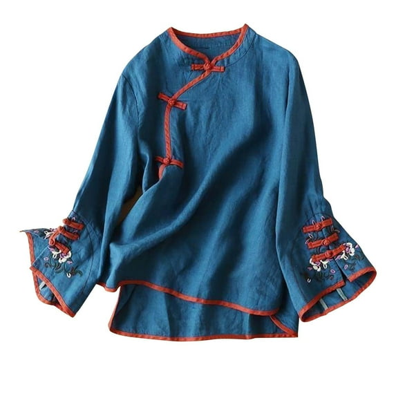 Flmaly Womens Summer Tops Business Casual Chinese Traditional Suit Blouse Women Embroidery Cotton Linen Bell Long Sleeve Shirts Frog Button Tops Cheongsam Cute Tops for Women