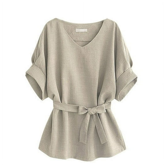 Flmaly Womens Summer Tops Business Casual V Neck Cotton And Linen Short Sleeved Shirt Bat Sleeves Large Size Loose Waisted Cotton And Linen Top N Women Cute Tops for Women
