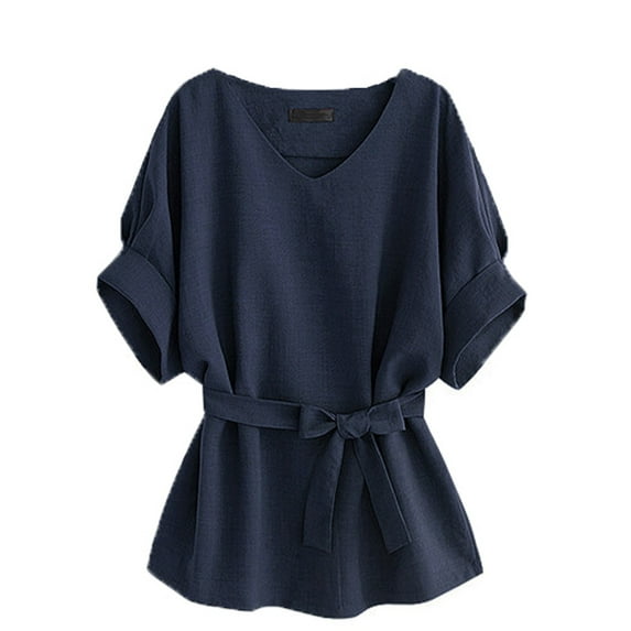 Flmaly Womens Summer Tops Business Casual V Neck Cotton And Linen Short Sleeved Shirt Bat Sleeves Large Size Loose Waisted Cotton And Linen Top N Women Cute Tops for Women