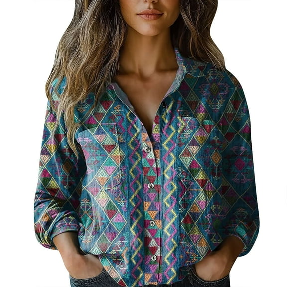 Flmaly Womens Summer Tops Business Casual Women Cotton Shirt Printed Fashion Button Down Shirts Casual Tops Long Sleeve Blouse Cute Tops for Women