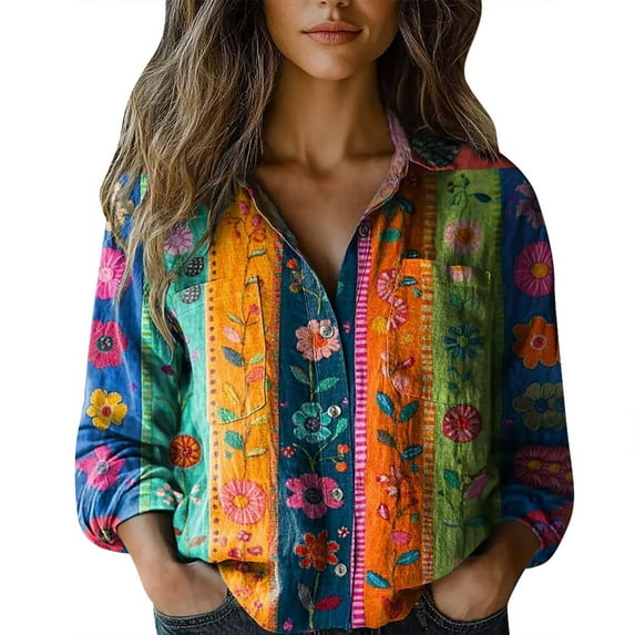 Flmaly Womens Summer Tops Business Casual Women Cotton Shirt Printed Fashion Button Down Shirts Casual Tops Long Sleeve Blouse Cute Tops for Women