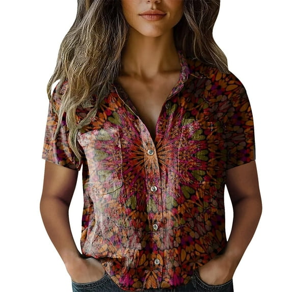 Flmaly Womens Summer Tops Business Casual Women Cotton Shirt Printed Fashion Down Shirts Casual Tops Short Sleeve Blouse Cute Tops for Women