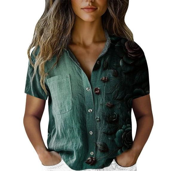 Flmaly Womens Summer Tops Business Casual Women Cotton Shirt Printed Fashion Down Shirts Casual Tops Short Sleeve Blouse Cute Tops for Women