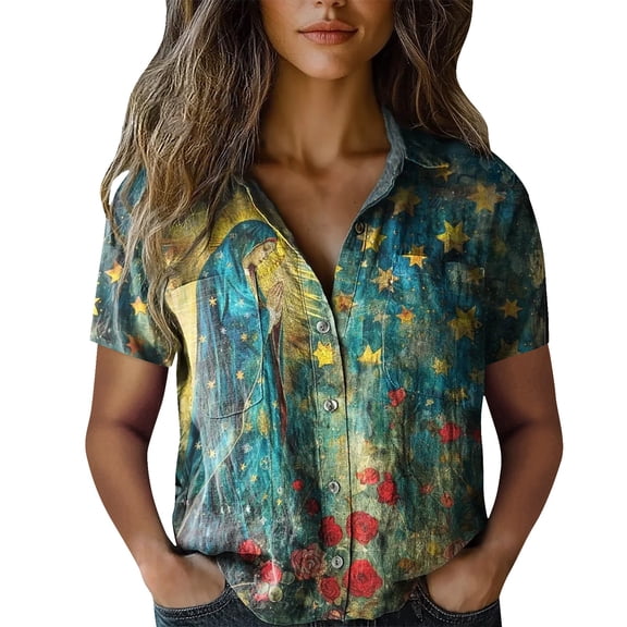 Flmaly Womens Summer Tops Business Casual Women Cotton Shirt Printed Fashion Down Shirts Casual Tops Short Sleeve Blouse Cute Tops for Women