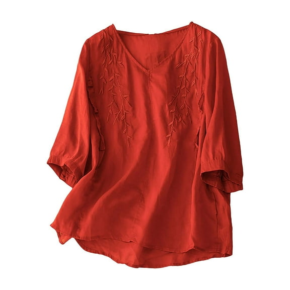 Flmaly Womens Summer Tops Business Casual Women's Cotton Linen Button Short Sleeve Shirts Summer Loose Crew Neck Casual Boho Top Vintage Embroidered Blouse Tops Cute Tops for Women