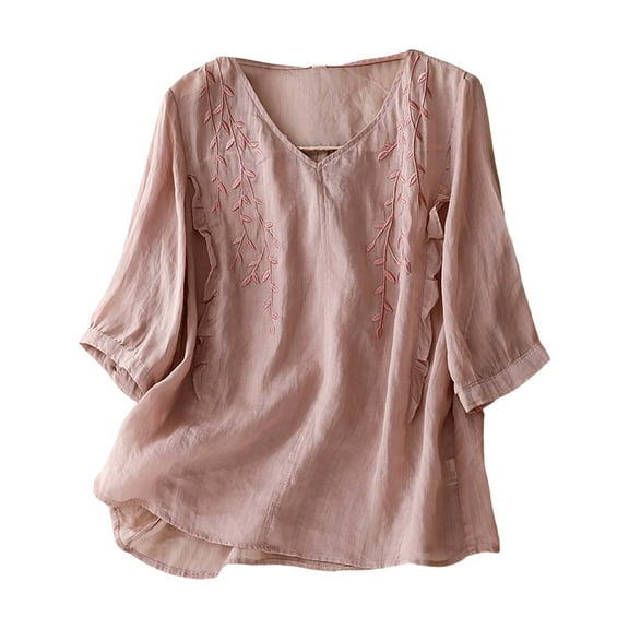 Flmaly Womens Summer Tops Business Casual Women's Cotton Linen Button Short Sleeve Shirts Summer Loose Crew Neck Casual Boho Top Vintage Embroidered Blouse Tops Cute Tops for Women