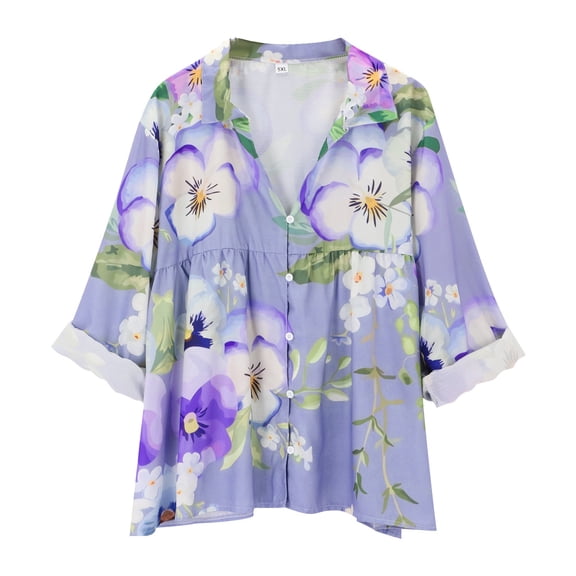 Flmaly Womens Summer Tops Business Casual Women's Floral Butterfly Print Natural Autumn Fragrant Fabric Shirt Cute Tops for Women