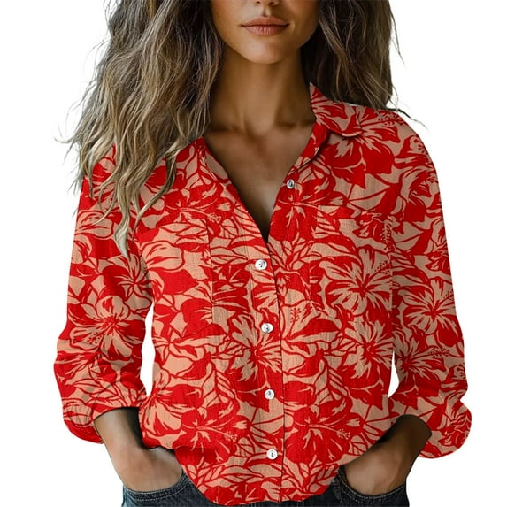 Flmaly Womens Summer Tops Business Casual Womens Linen Button Down Shirts Floral Printed V Neck Long Sleeve Blouse Collared Boho Shirt Casual Tops With Pocket Cute Tops for Women