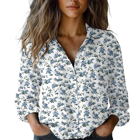 Flmaly Womens Summer Tops Business Casual Womens Linen Button Down Shirts Floral Printed V Neck Long Sleeve Blouse Collared Boho Shirt Casual Tops With Pocket Cute Tops for Women