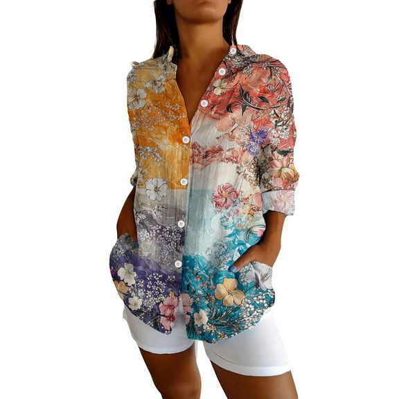 Flmaly Womens Summer Tops Business Casual Womens Long Sleeve Boho Shirts V Neck Vintage Floral Tops Ladies Blouses Casual Graphic Shirt 2025 Spring Cute Tops for Women