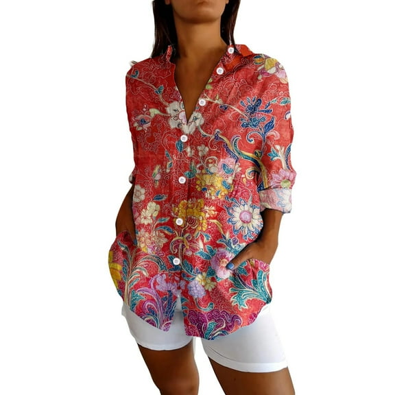 Flmaly Womens Summer Tops Business Casual Womens Long Sleeve Boho Shirts V Neck Vintage Floral Tops Ladies Blouses Casual Graphic Shirt 2025 Spring Cute Tops for Women