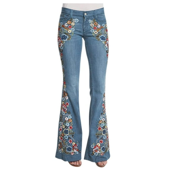 Flmaly jeans for women stretch denim Button Bell Embroidery Women Waist Jeans Destoryed Pants Bottom Denim Flare Pants Stretchy Wide Leg Straight