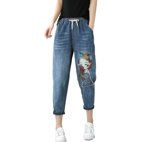 Flmaly jeans for women stretch denim Women Casual Comfortable Literary Embroidery Elastic High Waist Cutting Pants Jeans Stretchy Wide Leg Straight