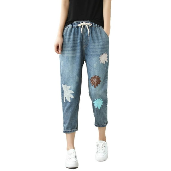 Flmaly jeans for women stretch denim Women Casual Comfortable Literary Embroidery Elastic High Waist Cutting Pants Jeans Stretchy Wide Leg Straight