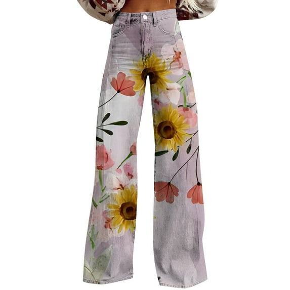 Flmaly jeans for women stretch denim Wide Leg Pants Woman High Waist Floral Patterned Pants Lightweight Loose Fit Casual Colorful Trouser Imitation Jeans Stretchy Wide Leg Straight