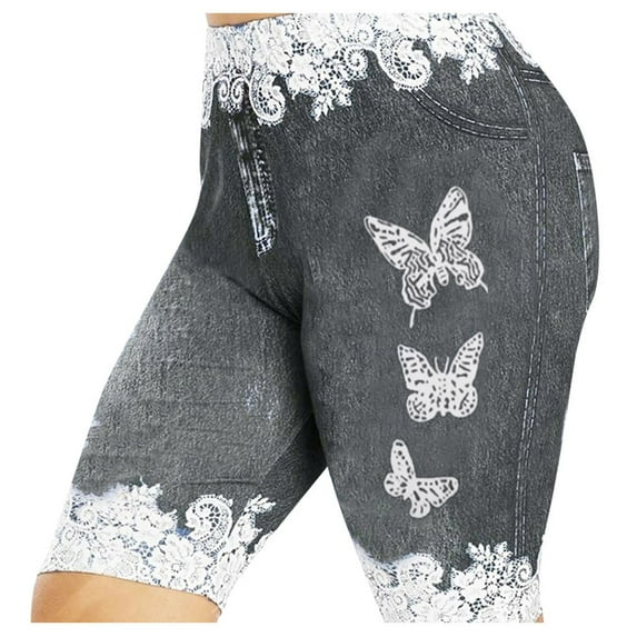 Flmaly shorts for women with Pockets Water Resistant Women's Plus Size Skinny Butterfly Print Casual Jeggings Faux Denim Jean Shorts for Women Walking Athletic Workout