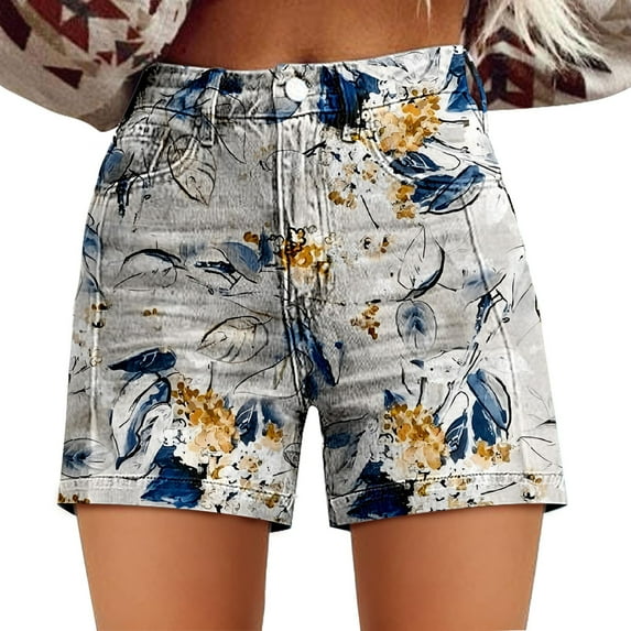 Flmaly shorts for women with Pockets Water Resistant Womens Casual High Waist Denim Shorts Relaxed Fit ArtRetro Printed Floral Shorts for Women Walking Athletic Workout