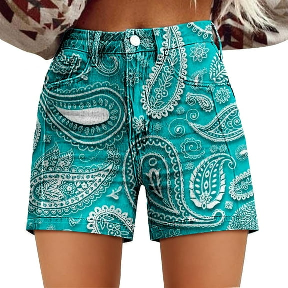 Flmaly shorts for women with Pockets Water Resistant Womens Casual High Waist Denim Shorts Relaxed Fit ArtRetro Printed Floral Shorts for Women Walking Athletic Workout