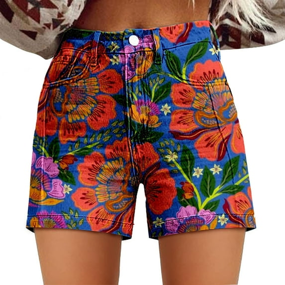 Flmaly shorts for women with Pockets Water Resistant Womens Casual High Waist Denim Shorts Relaxed Fit ArtRetro Printed Floral Shorts for Women Walking Athletic Workout
