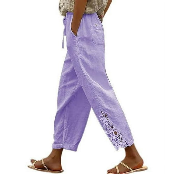 Flmaly vacation outfits for women High Waistband Women's Fashion Solid Color Cotton Linen Elastic Trousers Beach Casual Pants Line Vacation Outfits