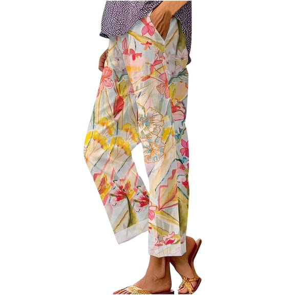 Flmaly vacation outfits for women High Waistband Women's Retro Printed Loose Pocket Patchwork Casual Cotton And Linen Pants Vacation Outfits