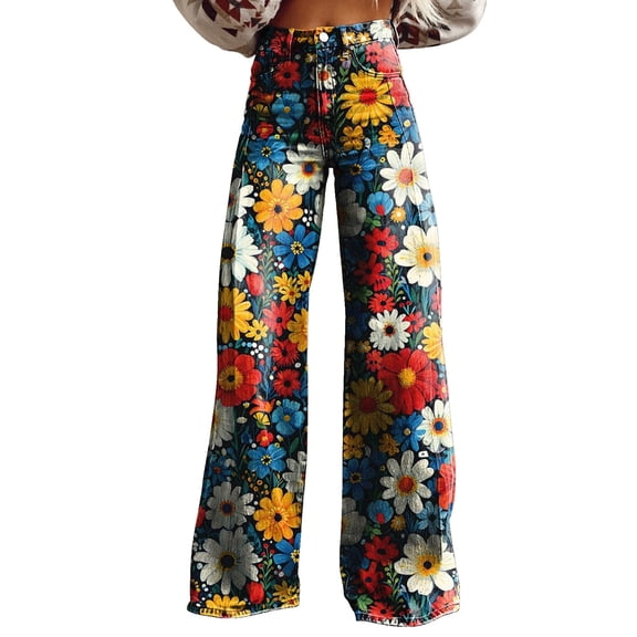 Flmaly vacation outfits for women High Waistband Women's Vintage Flower Print Casual Wide Leg Pants Vacation Outfits