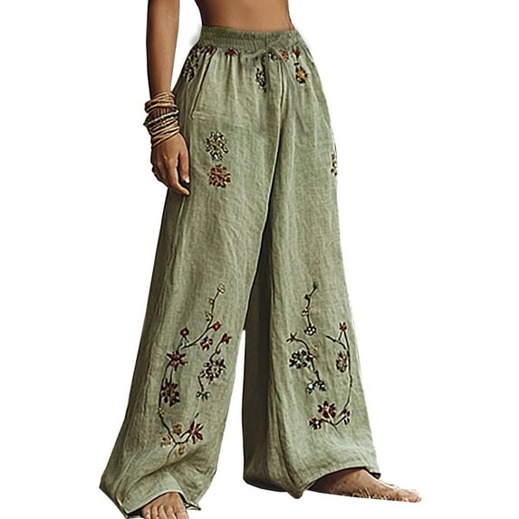 Flmaly vacation outfits for women High Waistband Holiday Style Retro Linen Floral Ethnic Print Casual Pants For Women – Comfortable Relaxed Fit Perfect For Summer Beach Vacation Outfits