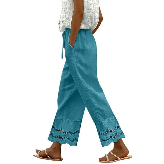 Flmaly vacation outfits for women High Waistband Summer 2025 New Women's Casual Loose Fitting Waist And Ankle Patchwork Lace Cotton And Linen Pants Vacation Outfits