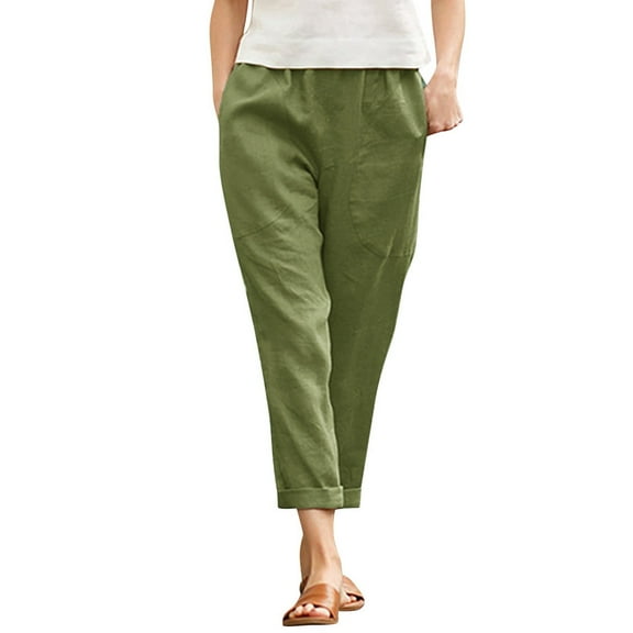 Flmaly vacation outfits for women High Waistband Women Cotton Pocket Cropped Straight Leg Crop Pants Ladies Casual Long Loose Pant Slacks Vacation Outfits