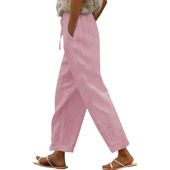 Flmaly vacation outfits for women High Waistband Women Solid Straight Solid Elastic Pants Long Linen Women Waist Cotton Casual Slit Trouser Legs Pants Vacation Outfits