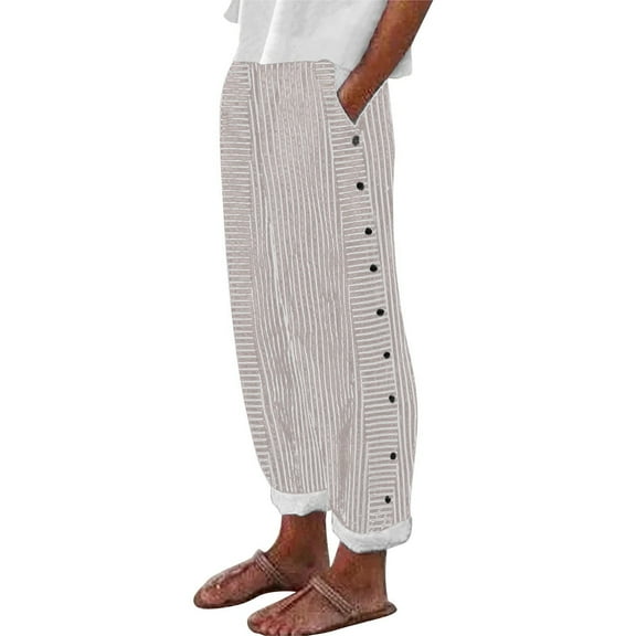 Flmaly vacation outfits for women High Waistband Women's Cotton And Linen Striped Elastic Waistband Pocket Pants Side Buttons Nine Point Pants Loose Casual Pants H Shaped Straight Vacation Outfits